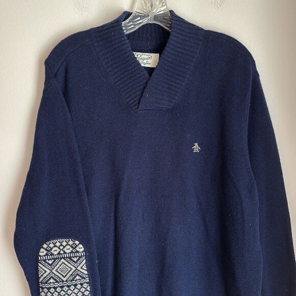 Penguin Dark Blue V-Neck Lambs wool Sweater Geometric Elbow Patch grandpa XL GUC - Picture 2 of 7